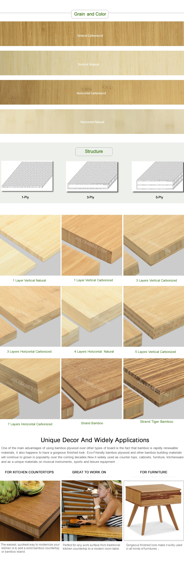 E1 9 Layers Solid Bamboo Wood Slab Table Top and Bamboo Decking Board